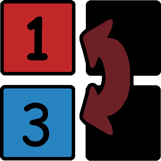 Four squares arranged together, with a red square with a one and a blue square with a three that have a red arrow connecting them. The other two squares are blacked out.